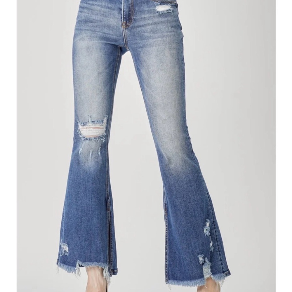 Light Blue Distressed High-Rise Flare Jeans